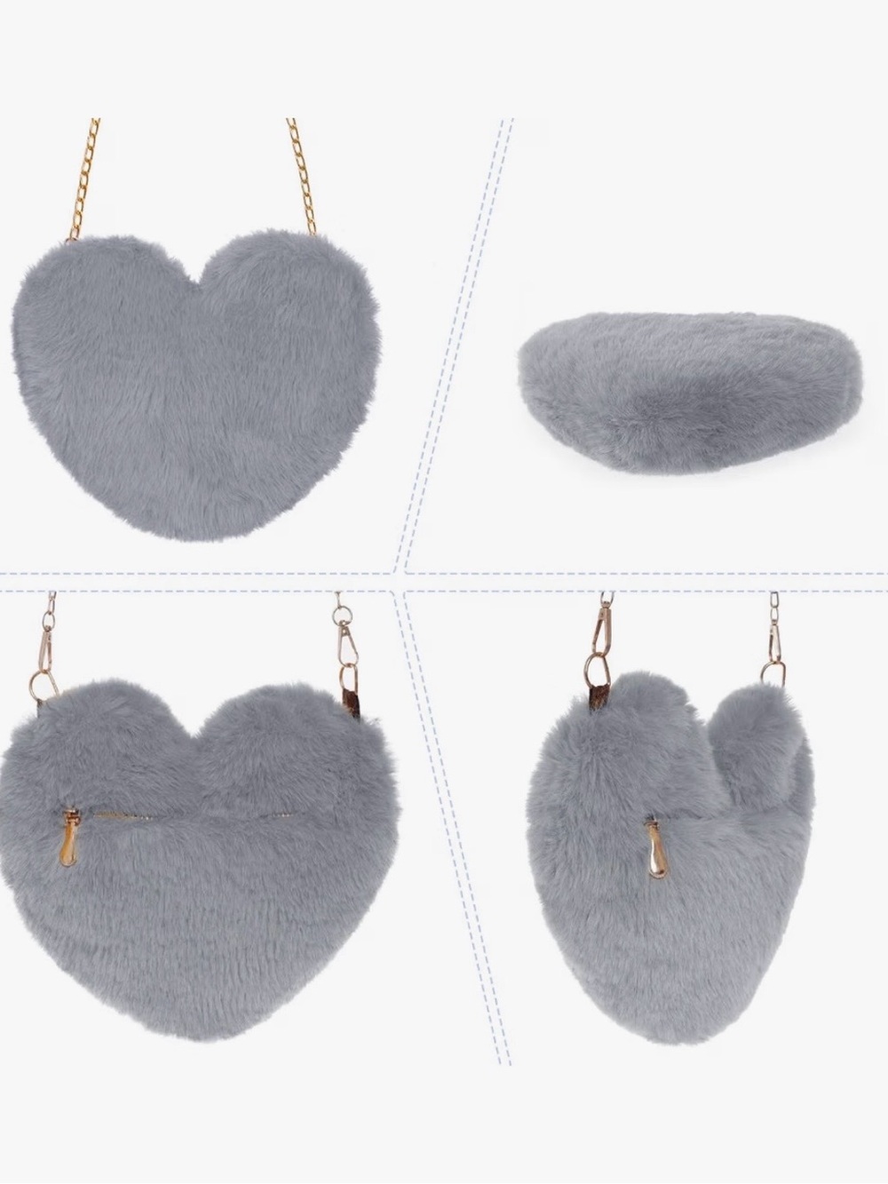 Plush Heart Crossbody Bag - Gray Faux Fur